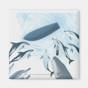 Illustration der Delphine, die oben einem Boot Magnet