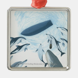 Illustration der Delphine, die oben einem Boot Silbernes Ornament