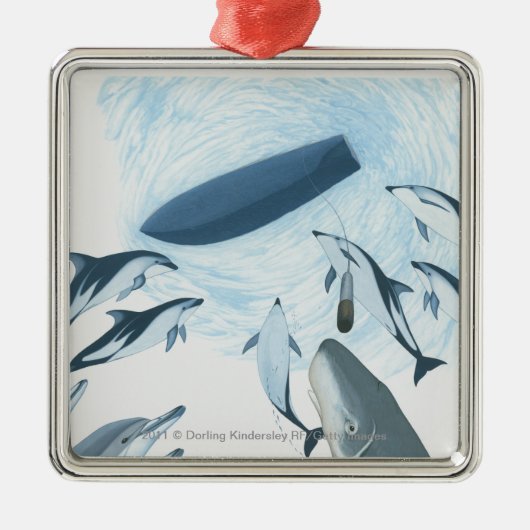 Illustration der Delphine, die oben einem Boot Silbernes Ornament (Vorne)