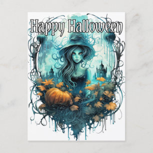 Illustration der Herbsthexe   Frohe Halloween Postkarte