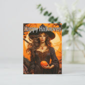 Illustration der Herbsthexe | Frohe Halloween Postkarte (Stehend Vorderseite)