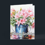 Illustration der Lily-Blume von Freshly Picked Karte<br><div class="desc">Diese super einzigartige Geburtstagskarte zeigt einige blühende Lilienblütenlilienblüten in einem Metallanhänger. Bitte passen Sie alle verfügbaren Optionen nach Ihren Wünschen an.</div>