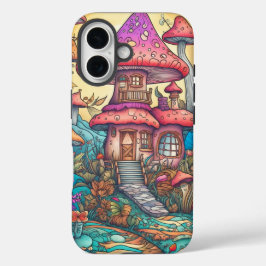 Illustration der niedlichen kreativen Pilzhütte iPhone 16 Hülle