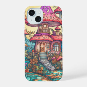 Illustration der niedlichen kreativen Pilzhütte iPhone 15 Hülle