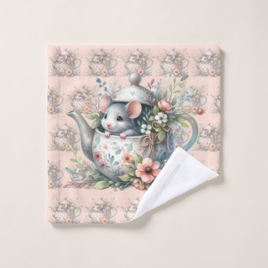 Illustration der niedlichen Maus im Blumentepot Badhandtuch Set (Waschlappen)