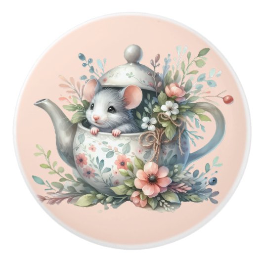 Illustration der niedlichen Maus im Blumentepot Keramikknauf (Vorderseite)