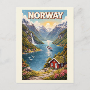 Illustration der norwegischen Fjorde, Reise Kunst  Postkarte