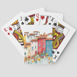 Illustration der Pastelfarbe Zeichnend Dorfhäuser Spielkarten