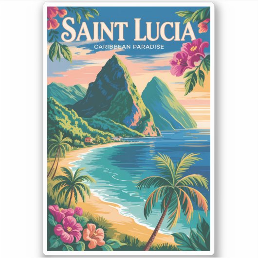 Illustration der Saint Lucia Pitons Reise Kunst Vi Aufkleber (Vorderseite)