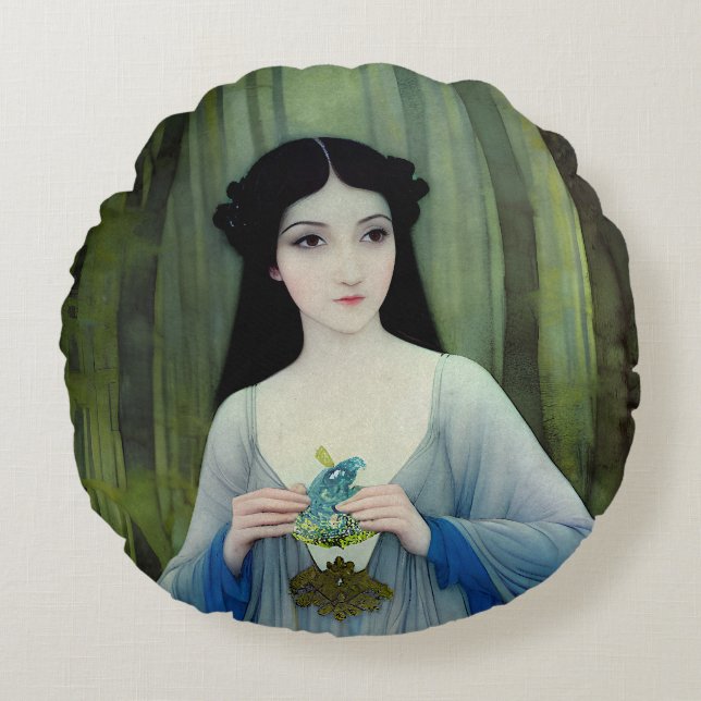 Illustration der schönen Frau im Wald Rundes Kissen (Vorderseite)