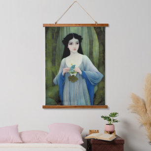 Illustration der schönen Frau im Wald Wandteppich Mit Holzrahmen