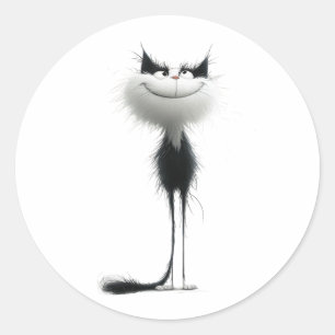 Illustration der Schwarz-weißen Grinsenkatze Runder Aufkleber