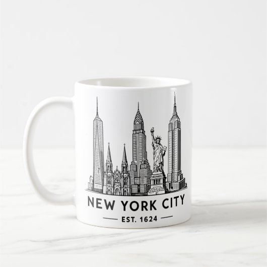 Illustration der Skyline von NYC mit der Freiheits Kaffeetasse (Links)