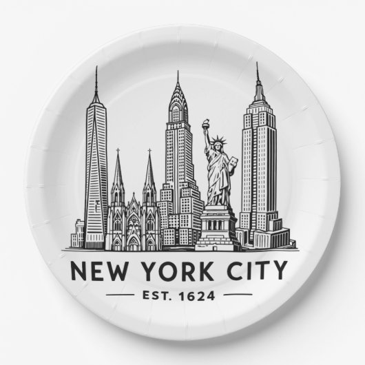 Illustration der Skyline von NYC mit der Freiheits Pappteller (Vorderseite)