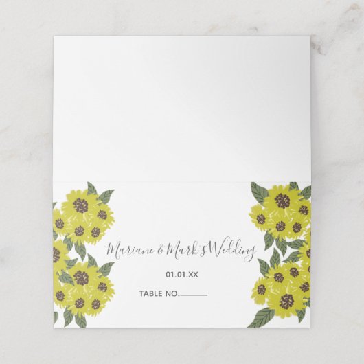 Illustration der Sonnenblumen Botanisches Hochzeit Platzkarte (Außenseite Aufgefaltet)