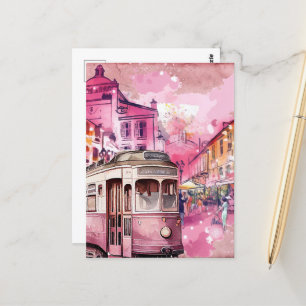 Illustration der Stadtlandschaft mit rosa Straßenb Postkarte