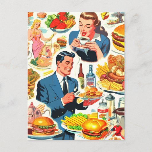 Illustration der Vintagen 50er-Jahre-Food-Comic Postkarte (Vorderseite)