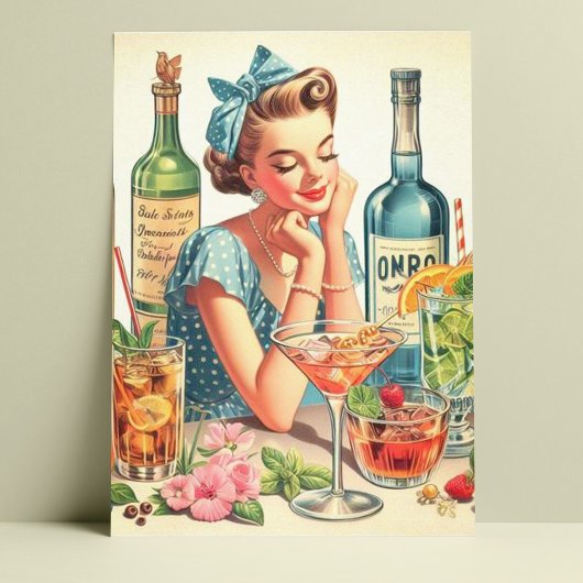 Illustration der Vintagen Drink Girl Postkarte