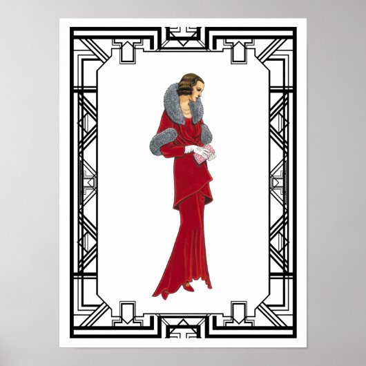 Illustration der Vintagen Red Fur Coat Retro Mode Poster (Vorne)