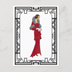 Illustration der Vintagen Red Fur Coat Retro Mode Postkarte