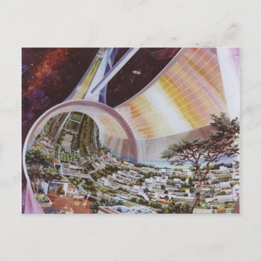 Illustration der Vintagen Weltraumkolonie Postkarte (Vorderseite)