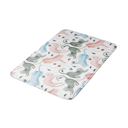 Illustration der weichen Aquarellfarben Cats & Gar Badematte (Schrägansicht)