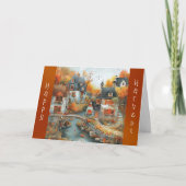 Illustration des Autumn Village Bridge Erntedank Karte (Vorderseite)