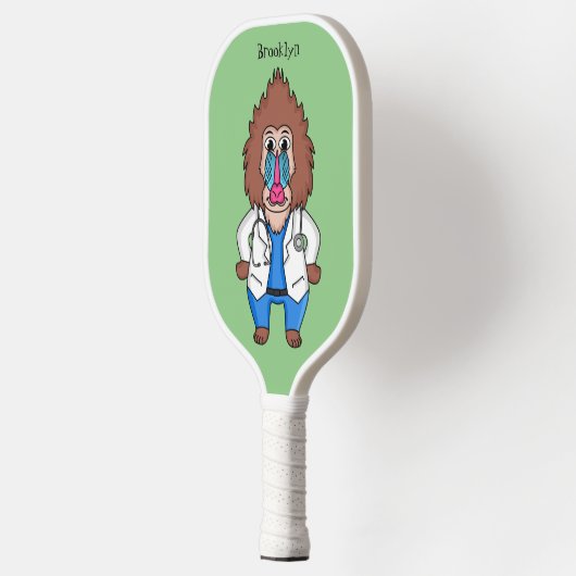 Illustration des Cartoon eines Funny mandrill Pickleball Schläger (Links)
