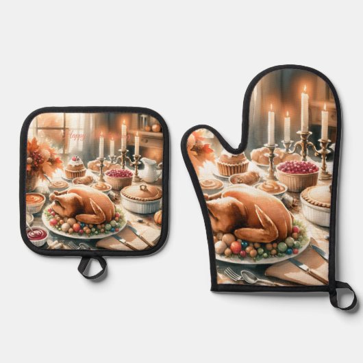 Illustration des Erntedanks Wasserfarbe Ofenhandschuh & Topflappen-Set (Vorderseite)