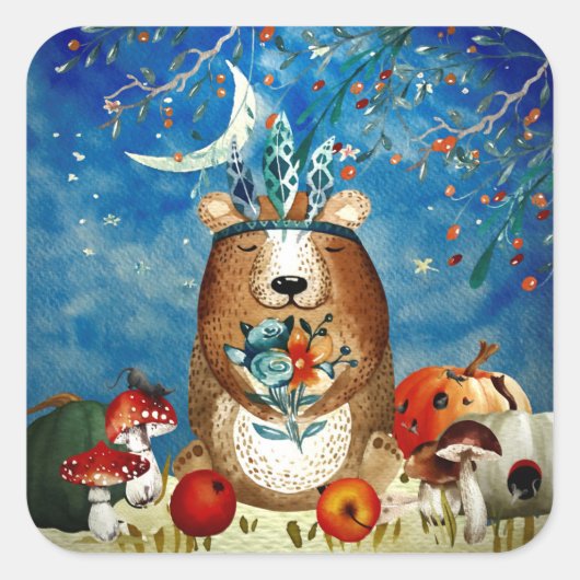 Illustration des Herbst-Wald-Friends-Bärenwaldes Quadratischer Aufkleber (Vorderseite)