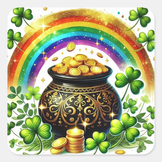 Illustration des Irish Pot of Gold Rainbow Kleebla Quadratischer Aufkleber (Vorderseite)