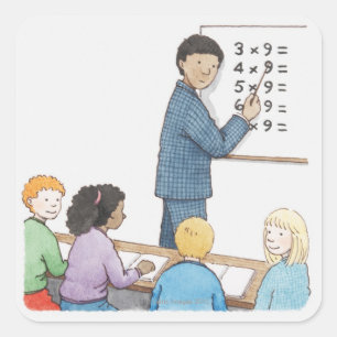 Illustration des Lehrers zeigend auf einfaches Quadratischer Aufkleber
