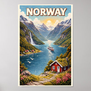 Illustration des norwegischen Fjords, Reise Kunst  Poster
