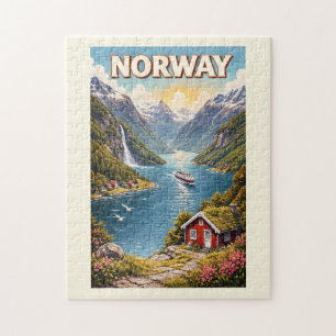 Illustration des norwegischen Fjords, Reise Kunst  Puzzle