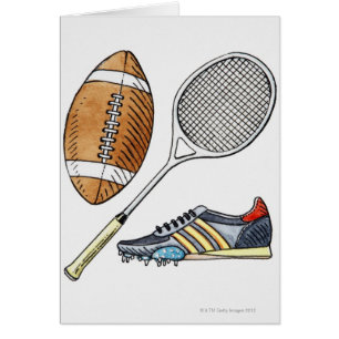 Illustration des Rugbyballs, Tennisschläger,
