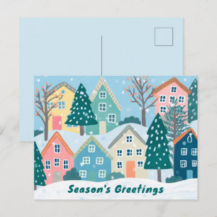 Illustration des schneebedeckten Dorfes - Süße Grü Feiertagspostkarte