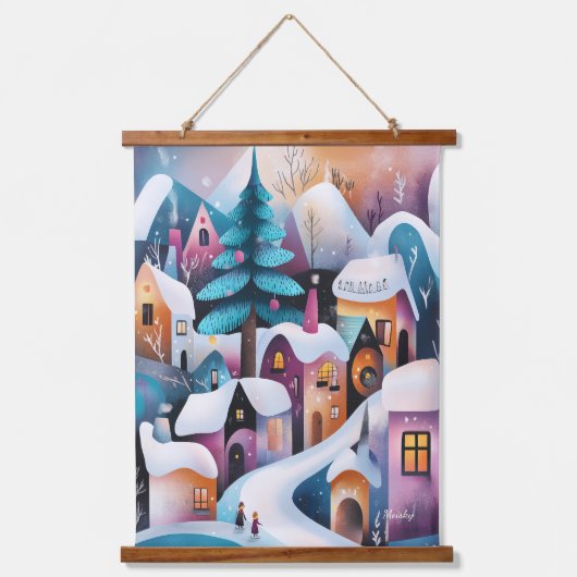 Illustration des Whimsical Winter Village Wandteppich Mit Holzrahmen (Vorderseite)