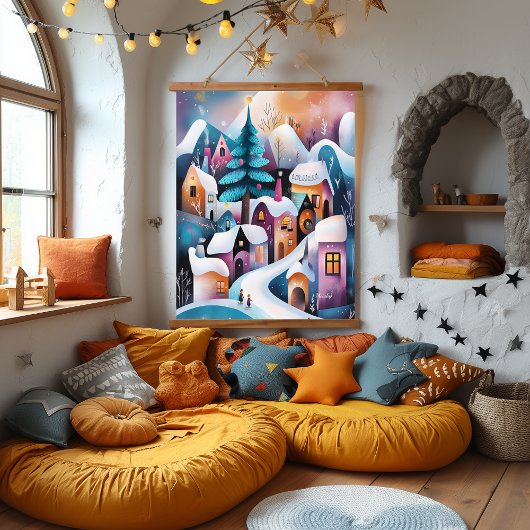 Illustration des Whimsical Winter Village Wandteppich Mit Holzrahmen