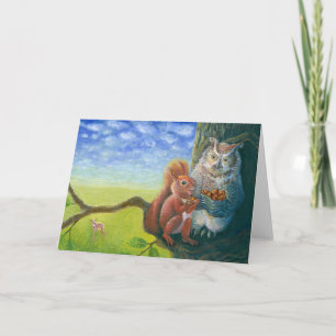 Illustration Eichhörnchen und weise Eule mit Hasel Karte
