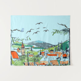 Illustration einer fantasievollen Dorflandschaft Wandteppich