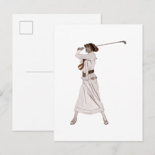 Illustration einer Frau beim Golfspiel im Vintage- Postkarte