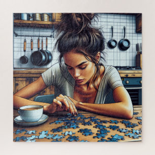 Illustration einer Frau, die ein Puzzle löst