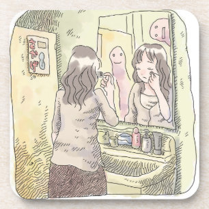 Illustration einer Frau, die in einem gelben Wasch Getränkeuntersetzer