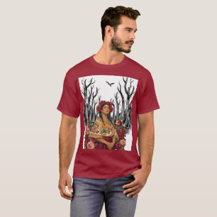 Illustration einer Frau in Vintage-Blumen-Volksart T-Shirt