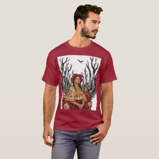 Illustration einer Frau in Vintage-Blumen-Volksart T-Shirt