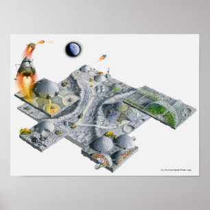 Illustration einer futuristischen Basis auf dem Poster