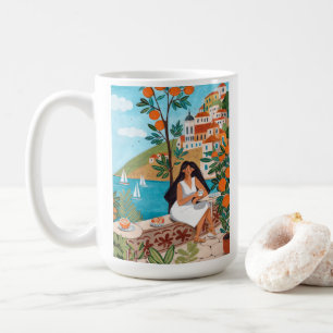 Illustration einer italienischen Küsten-Café-Szene Kaffeetasse
