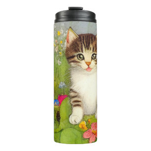 Illustration einer lächelnden Katze im Vintage-Sti Thermosbecher