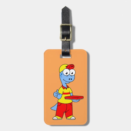 Illustration einer Person, die Brontosaurus liefer Gepäckanhänger (Vorderseite vertikal)