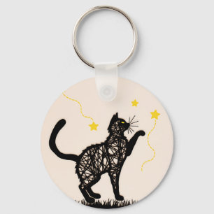 Illustration einer Schwarzen Katze mit spielerisch Schlüsselanhänger